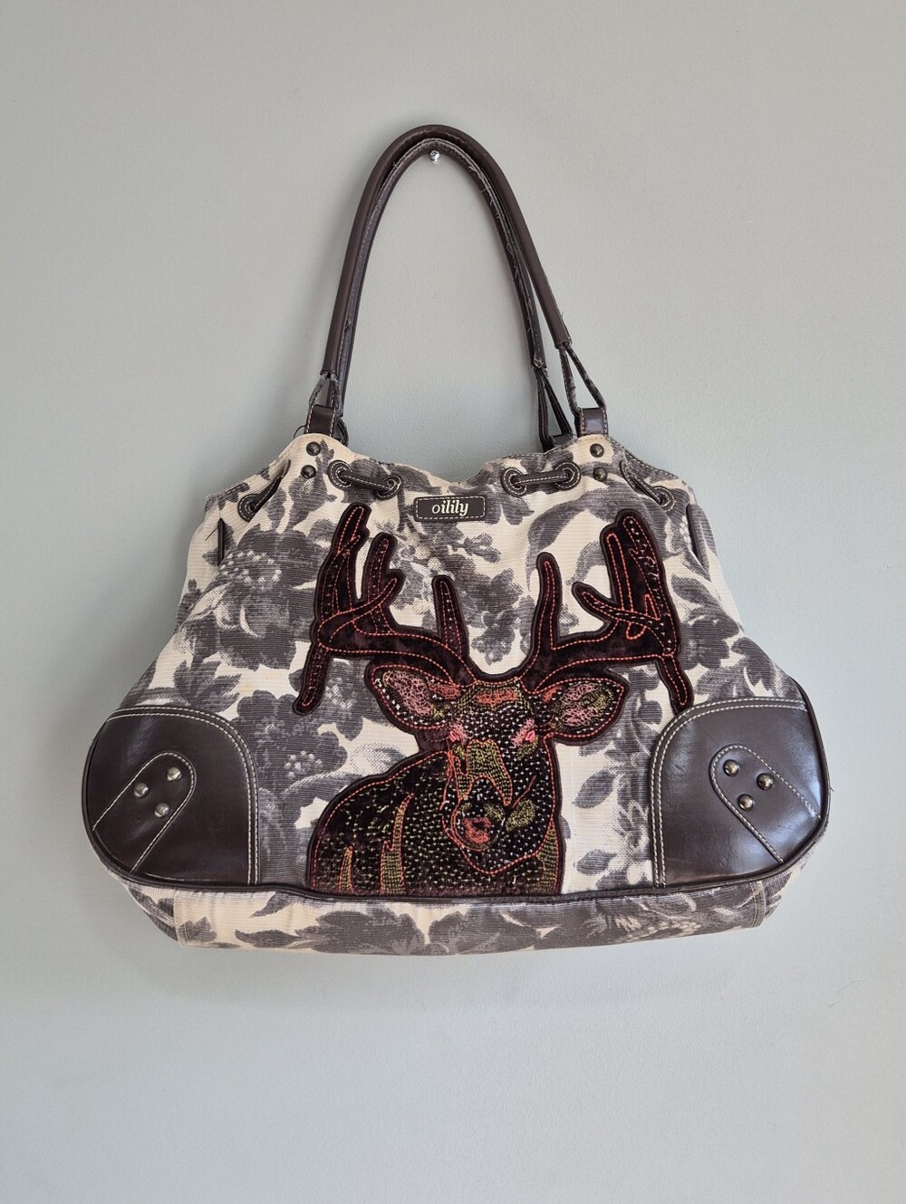 Oilily Beige & Brown Canvas Deer Tote Shoulder Bag